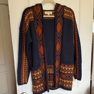 Lucky Brand Navy Cardigan with Rust & Mustard Aztec Pattern